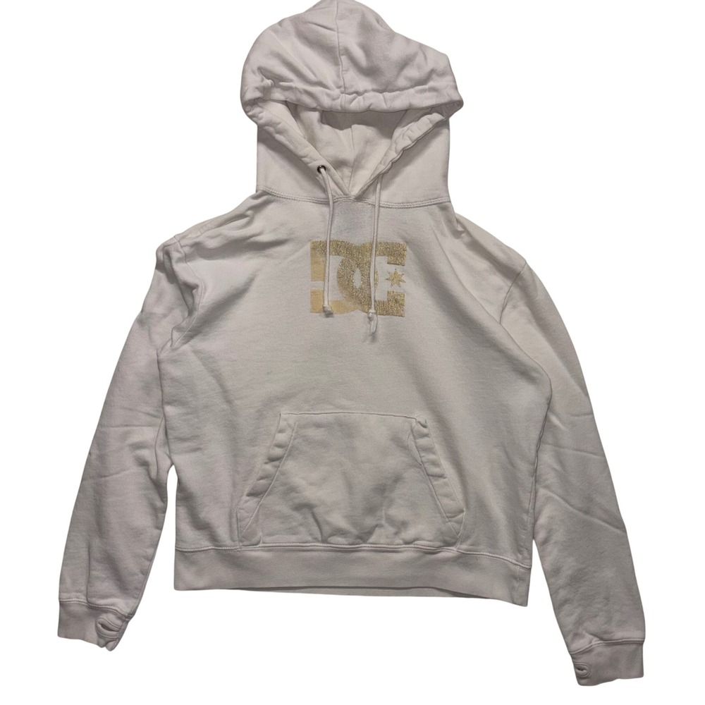DC Shoes Women White Gold Glitter Logo Pullover Hoodie Large Thumbhole